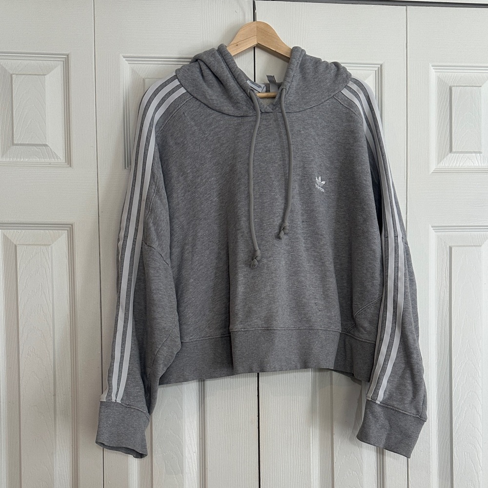 adidas Gray Cropped Hoodie with Three-Stripe Sleeves 3X Size